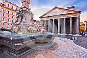 Pantheon ancient landmark in eternal city of Rome dramatic sky view, Eternal city of Rome