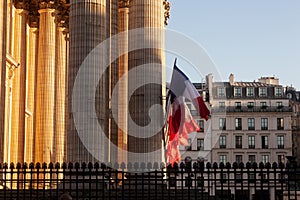 Pantheon building in Paris on a sunny day, sunset time. France