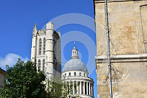 The Pantheon Dome with the Lycee Henri IV Clovis Bell Tower from Rue Descartes. Paris, France.