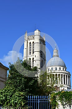 The Pantheon Dome with the Lycee Henri IV Clovis Bell Tower from Rue Descartes. Paris, France.