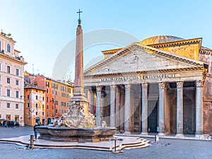 Pantheon and Fontana del Pantheon with monumental obelisk on Piazza della Rotonda, Rome, Italy