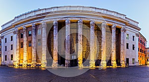 Pantheon, former Roman temple of all gods, now a church, and Fountain with obelisk at Piazza della Rotonda. Rome, Italy