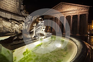 Pantheon and Fountain, historic building in Rome, Italy - Night