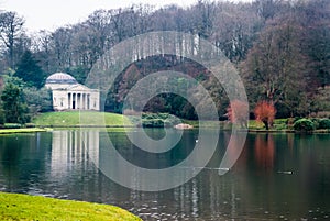 The Pantheon and lake in winter at Stourhead in Wiltshire