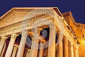 Pantheon at Night in Rome`s Golden Light Street Lamps II