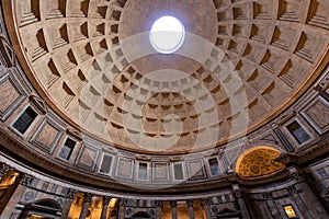 pantheon in rome, hole in the ceiling of the dome of the monument of ancient rome. tourism in rome in italy