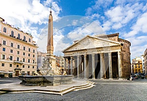 Pantheon in Rome, Italy. Pantheon and Fontana del Pantheon with monumental obelisk.