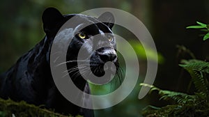 Panther against bright green rainforest background,