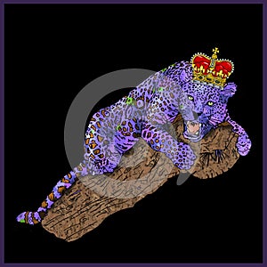 Panther and crown sitting on the trunk with colors and pop art background black photo