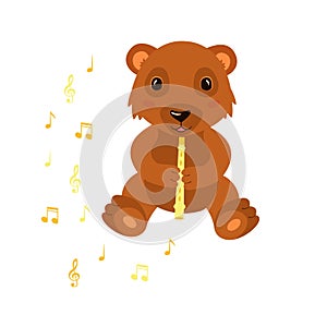 Little baby bear plays the yellow flute. Musical notes around.