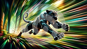 Panther in Mid-Leap with Streaks of Colorful Light