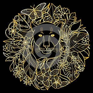 A Panther and Plants Golden Tropical Pattern