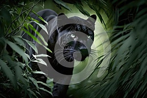 panther prowling in dense jungle, its sleek black fur blending with the shadows