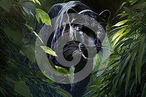 panther prowling in dense jungle, its sleek black fur blending with the shadows