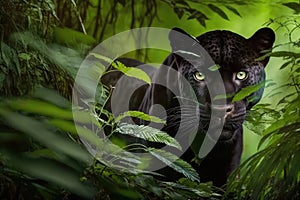 panther prowling through lush forest, its eyes fixed on the prey