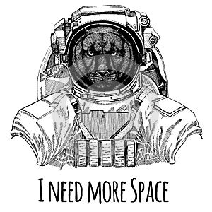 Panther Puma Cougar Wild cat Astronaut. Space suit. Hand drawn image of lion for tattoo, t-shirt, emblem, badge, logo