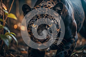 Panther stalking in jungle undergrowth