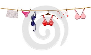 Pantie, bra and lingerie hanging on rope. Vector illustration.