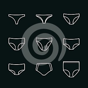 Panties icon set. Woman underwear types: thong, brazilian, bikini, classic brief, high cut brief, hipster, shortie, control brief
