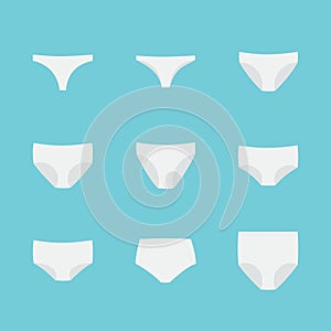 Panties icon set. Woman underwear types: thong, brazilian, bikini, classic brief, high cut brief, hipster, shortie, control brief photo