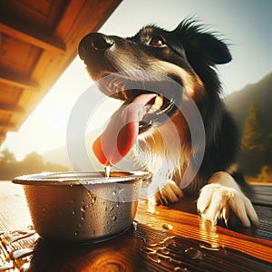 Panting dog drinks water from a metal bowl to quench thirst