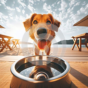 Panting dog drinks water from a metal bowl to quench thirst