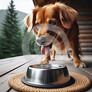 Panting dog drinks water from a metal bowl to quench thirst