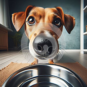 Panting dog drinks water from a metal bowl to quench thirst