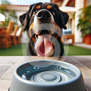 Panting dog drinks water from a metal bowl to quench thirst