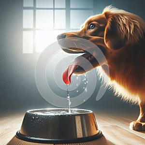 Panting dog drinks water from a metal bowl to quench thirst