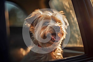 Panting dog locked inside a car in summer.