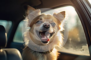 Panting dog locked inside a car in summer.