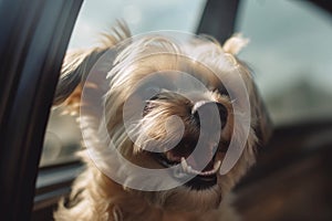 Panting dog locked inside a car in summer.