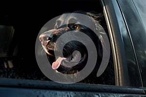 Panting dog locked inside a car in summer.