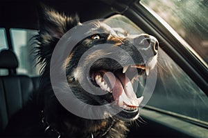 Panting dog locked inside a car in summer. Generative AI