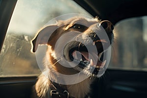 Panting dog locked inside a car in summer. Generative AI illustration