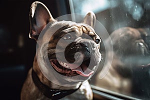 Panting French Bulldog dog locked inside a car in summer.