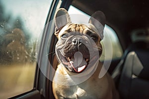 Panting French Bulldog dog locked inside a car in summer. Generative AI