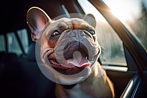 Panting French Bulldog dog locked inside a car in summer. Generative AI