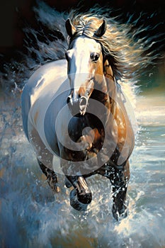 A panting of a horse running through water, dynamic, movement, beautiful oil painting