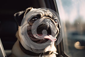 Panting pug dog locked inside a car in summer.