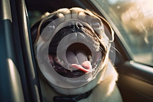 Panting pug dog locked inside a car in summer. Generative AI