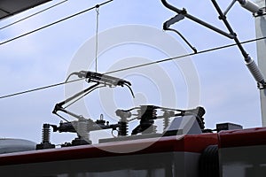 Pantograph of an electric train connecting the train to the overhead catenary wire
