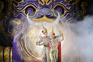 Pantomime Khon Ramayana Thai art with elegance and being registered as a World Heritage Site, There is a backdrop of Thai