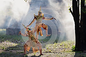 Pantomime Khon is traditional Thai classic masked play enacting scenes from the Ramayana in a public place at Wat Ma Hea Yong,