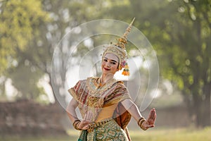 Pantomime Khon is traditional Thai classic masked play enacting scenes from the Ramayana in a public place at Wat Ma Hea Yong,