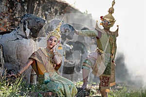 Pantomime Khon is traditional Thai classic masked play enacting scenes from the Ramayana in a public place at Wat Ma Hea Yong,