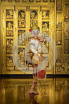 Pantomime is traditional Thai classic masked play enacting scenes from the Ramayana with a backdrop of Thai paintings in a