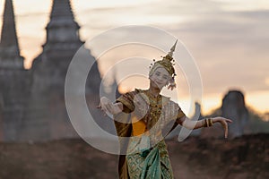 Pantomime is traditional Thai classic masked play enacting scenes from the Ramayana in a public place at Wat Phra Si