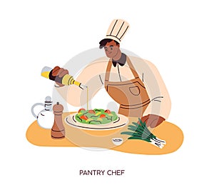 Pantry chef garnishing appetizer with oil. Professional cook serving starter, cold dish, restaurant food. Kitchen worker